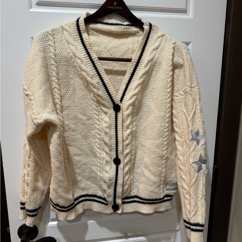 Beige Cable Knit Taylor Swift Cardigan with Star Accents| Tortured Poets|